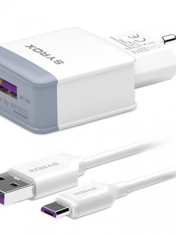 Syrox Q30 QC3.0 Hızlı Şarj Aleti Micro USB Kablo Set - Beyaz