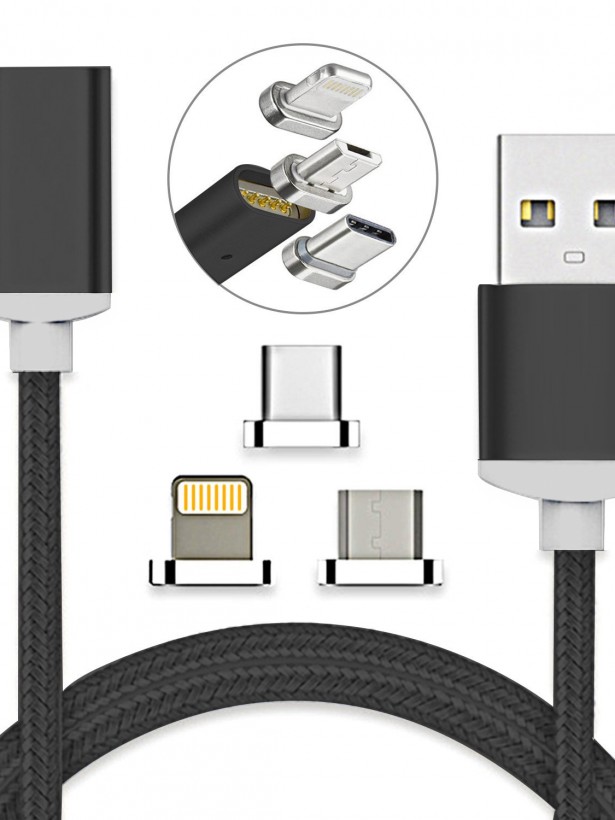 Manyetik Mıknatıslı Şarj Kablosu 3in1 Siyah Hasır-Örgü Dayanıklı 3.4A ARS-C2