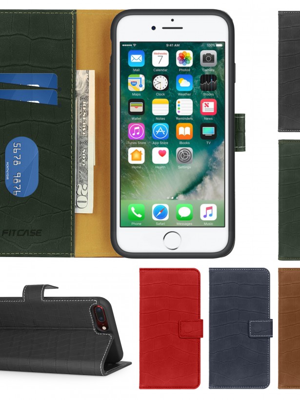 iPhone 7 Plus / 8 Plus Kılıf Kroko Desen Kapaklı Cüzdanlı