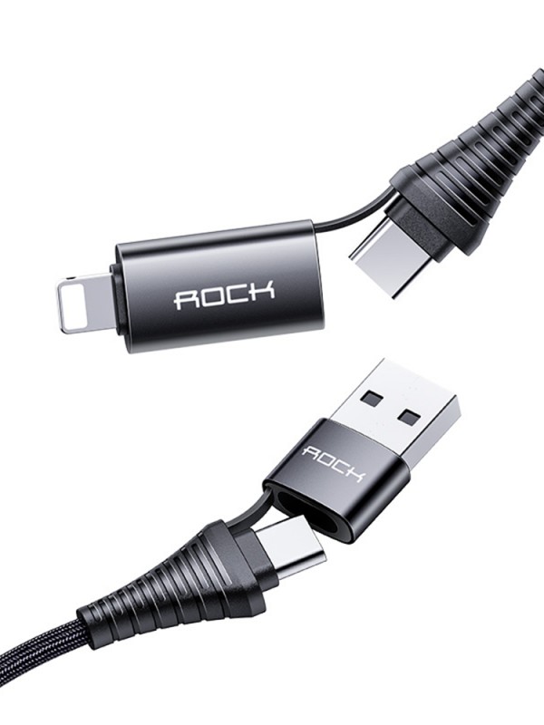 Rock R12 4in1 Şarj ve Data Kablosu PD Hızlı Çok Fonksiyonlu 1mt 3A - Siyah