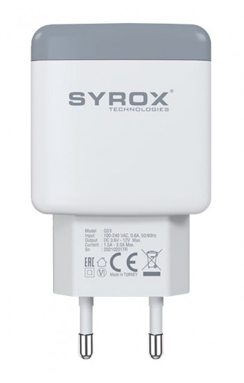 Syrox Q33 Hızlı USB Duvar Şarj Adaptörü (Başlık) 3.0A 18W - Beyaz&hellip;
