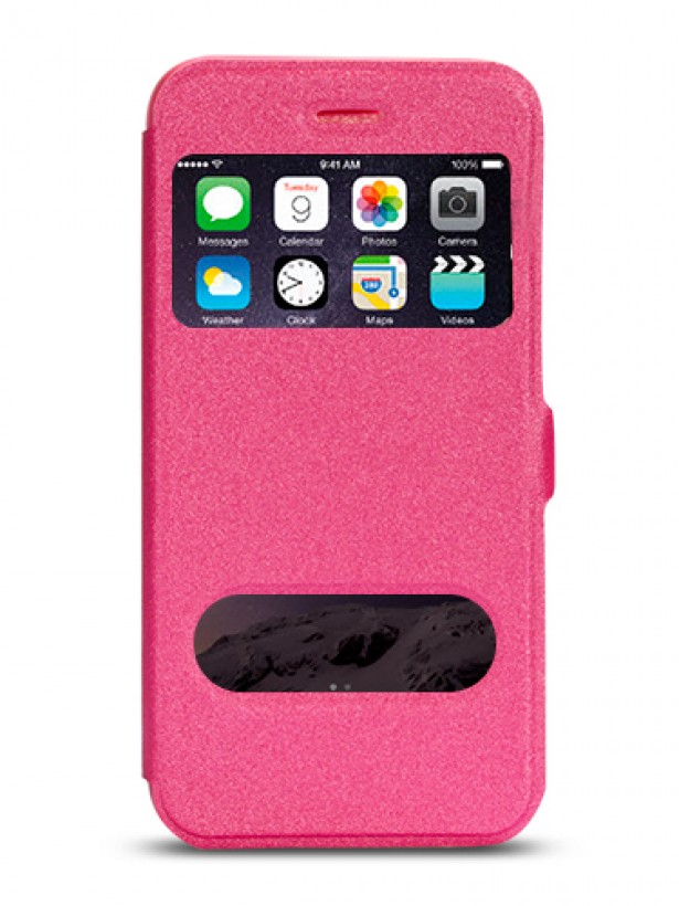 iPhone 6 Plus 5,5 inç Çift Pencereli Yan Kapaklı Kılıf Pembe