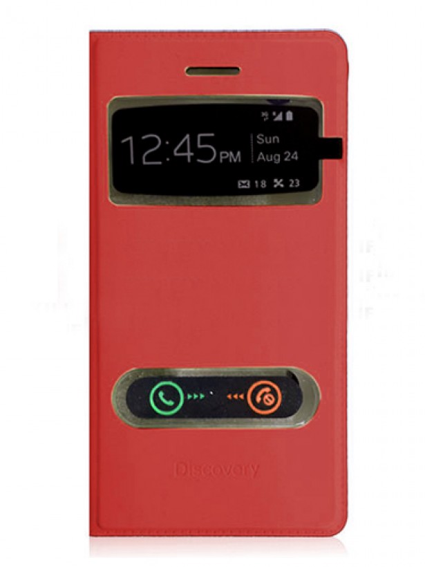 General Mobile Discovery S View Dikişli Deri Çift Pencereli Kılıf Kırmızı