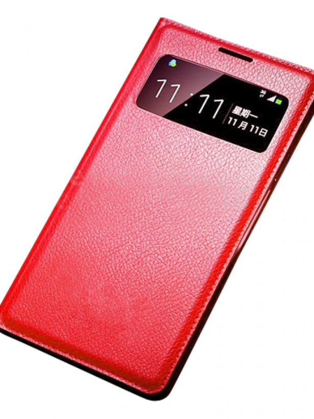 Samsung I9500 Galaxy S4 S View Dikişli Deri Pencereli Kılıf Kırmızı